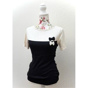 Myrtlewood of California Retro Bow Color Block Knit Sweater Boat Neck Top